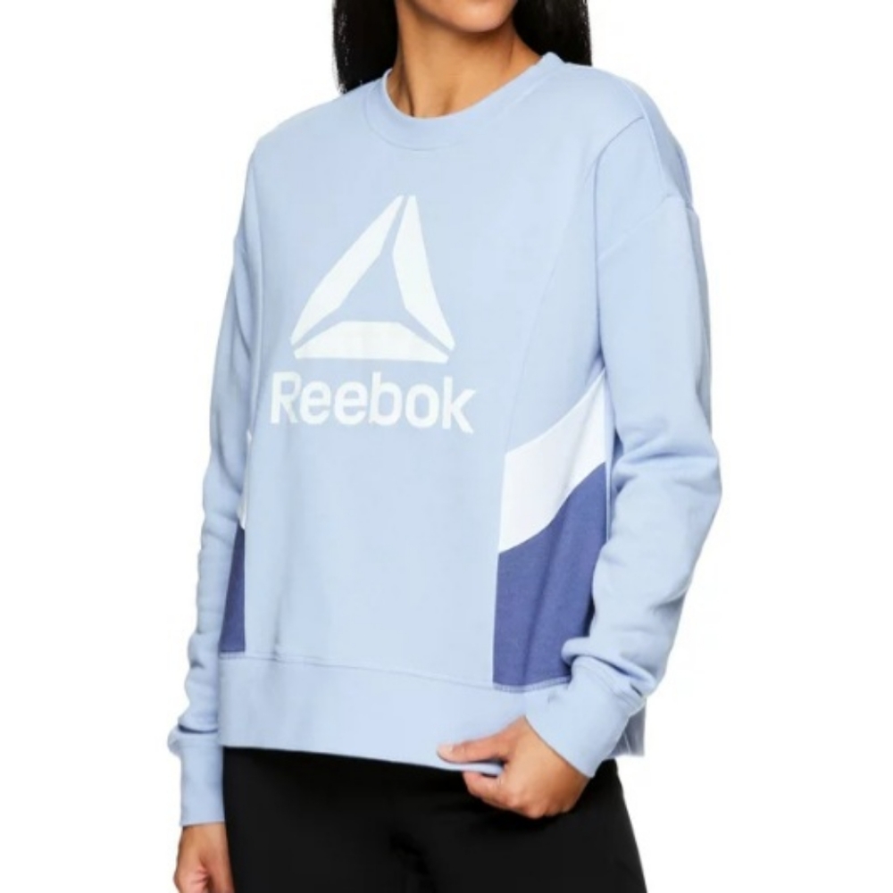 Reebok • Women's Light Blue & White Color Block Logo Crew Sweatshirt